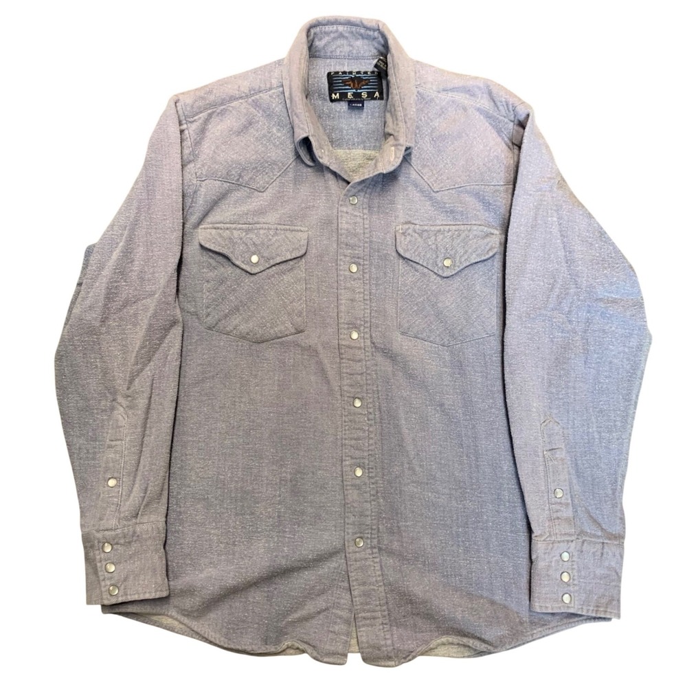 Painted Mesa Mens‎ Western Pearl Snap Shirt Blue Cotton Denim Long Sleeve Large